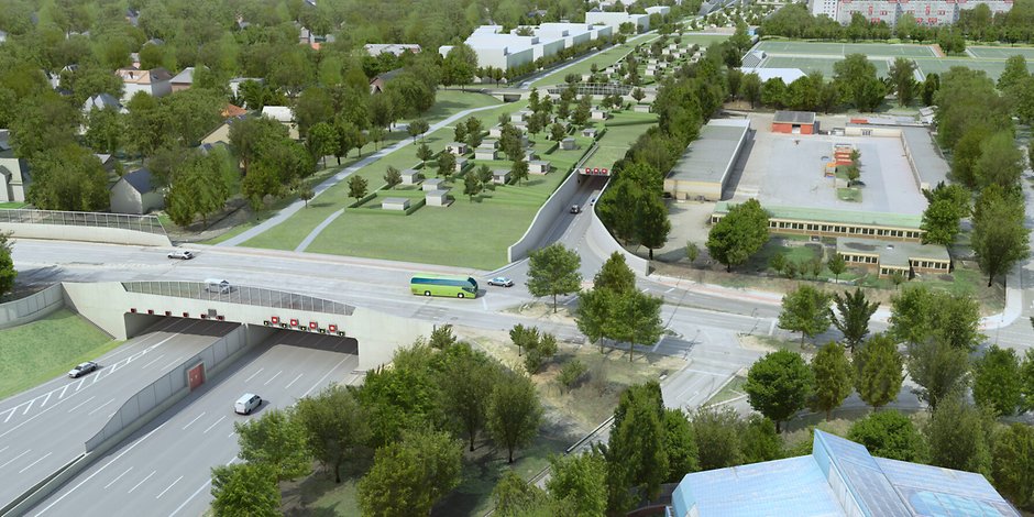 So soll der Autobahndeckel ab Othmarschen einmal aussehen. Oben drauf sollen Kleingärten und Parks entstehen (Visualisierung).