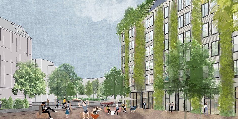 Grüne Hausfassaden und Urban Gardening auf dem Dach: Eine Konzeptskizze zeigt, wie das Azubi-Wohnheim auf dem Alsenplatz zukünftig aussehen könnte. 