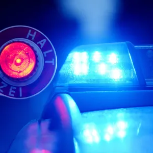 Eine Polizeikelle und Blaulicht. (Symbolbild)