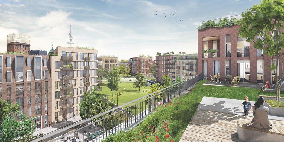 So soll das neue Quartier auf dem Holsten-Areal aussehen: Dachgärten, große Parkanlage und wenig Autoverkehr.