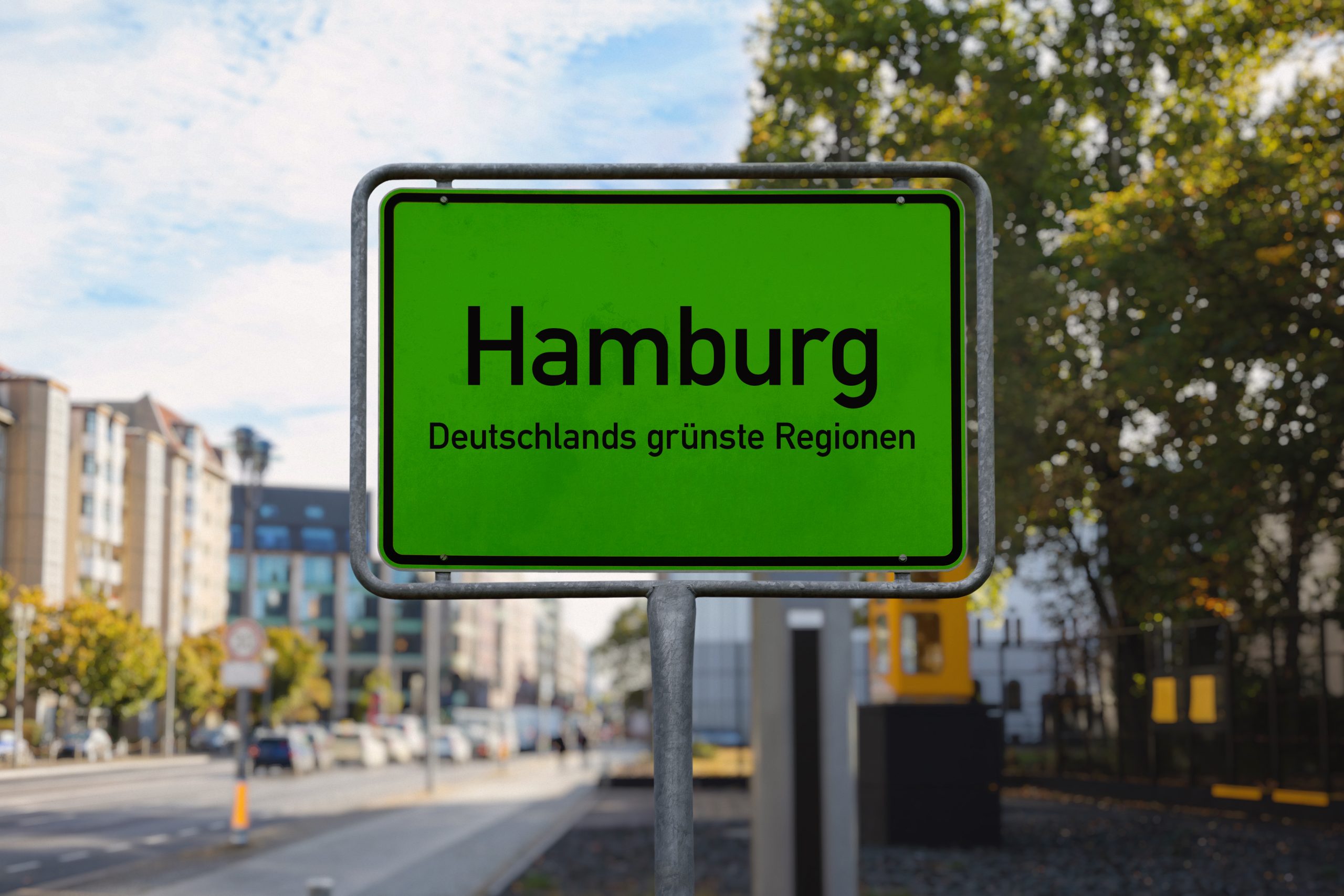 „Hamburg – Deutschlands grünste Region“ steht auf einem grünen Ortsschild.
