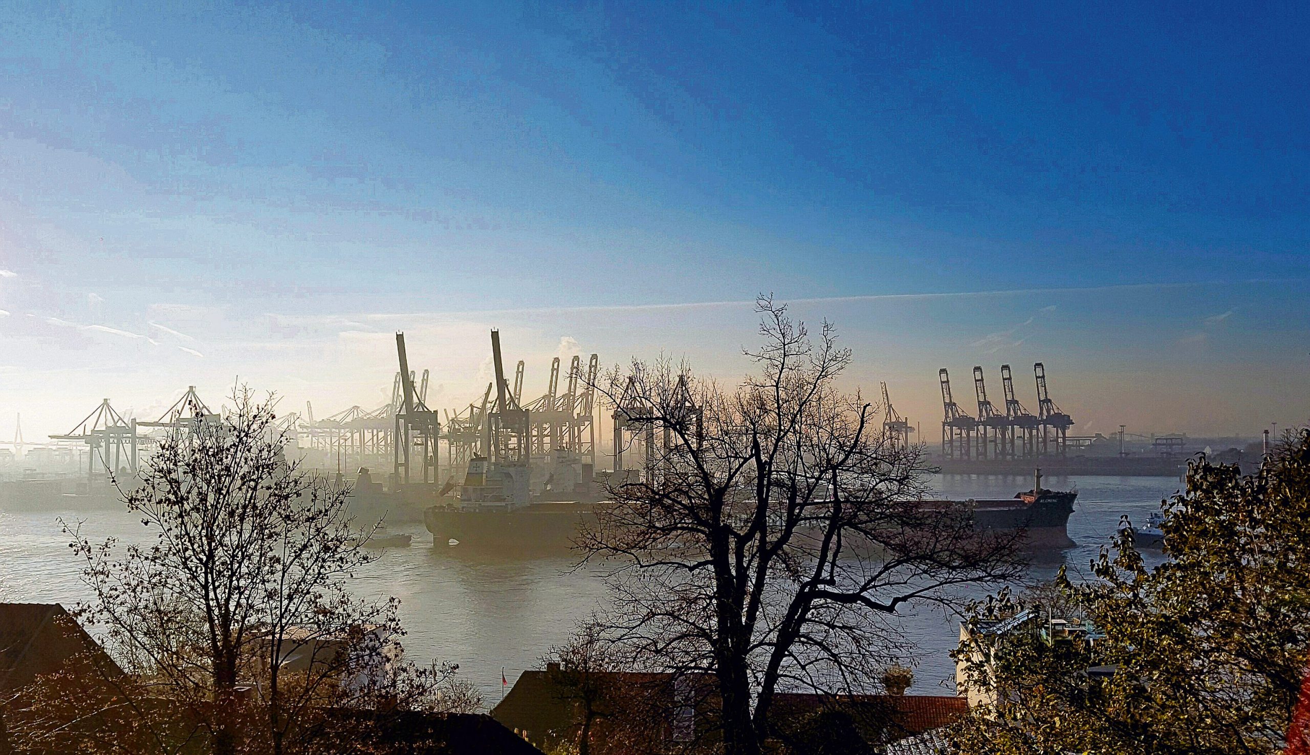 Der Hamburger Hafen im Morgennebel.