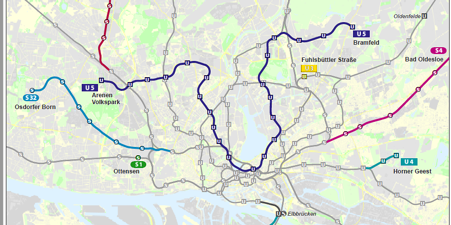 Im Hamburger Stadtgebiet sollen insgesamt 36 neue Bahnhöfe entstehen – in hellblau die geplante Linie der S32.