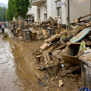 Anwohner befreien in der Innenstadt von Bad Neuenahr Häuser von Schlamm und unbrauchbarem Mobiliar.