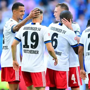 Die HSV-Profis bejubeln das 1:0 gegen Basel.