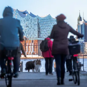 Hafengelände am Hansahöft, im Hintergrund die Elbphilharmonie.