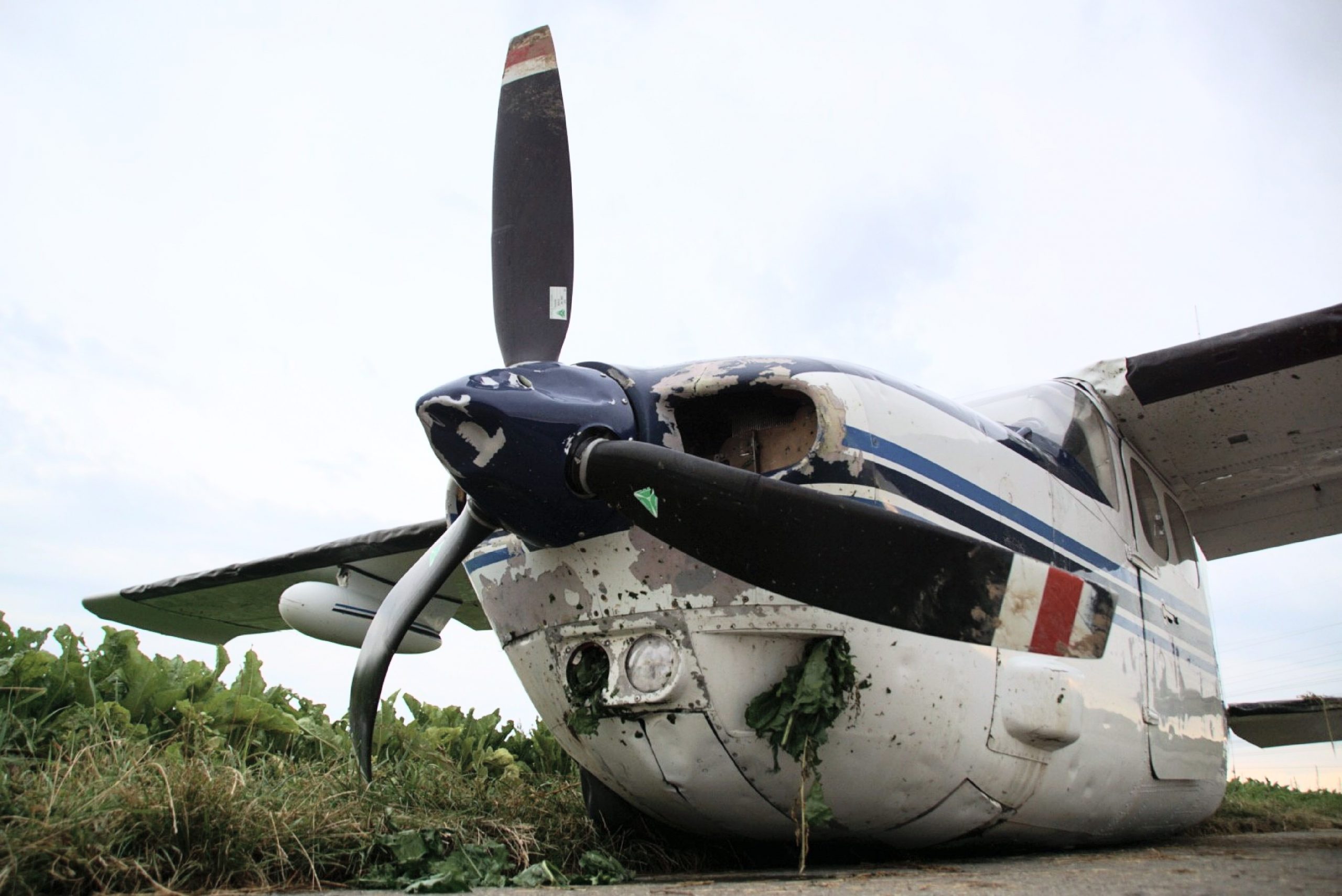 Eine stark beschädigte Cessna 210 Centurion II steht auf einem asphaltierten Feldweg nach ihrer Notlandung.