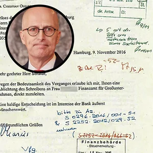 Bild-Montage, Peter Tschentschers Kopf auf dem Schreiben von Olearius an Tschentscher