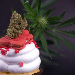 Cupcake mit einem Cannabis-Nugget und einer Cannabis-Pflanzen im Hintergrund.