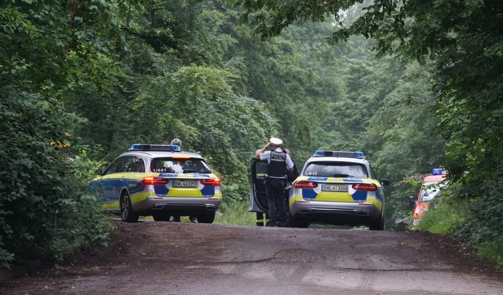Zwei Polizeiautos auf der Straße umgeben von Wald