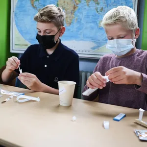 Hamburger Schüler beim Corona-Test im Klassenraum (Symbolbild).