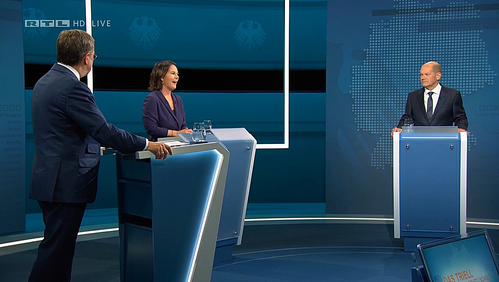 Armin Laschet (CDU), Annalena Baerbock (Grüne) und Olaf Scholz (SPD) (v.l.n.r.) beim ersten TV-Triell.