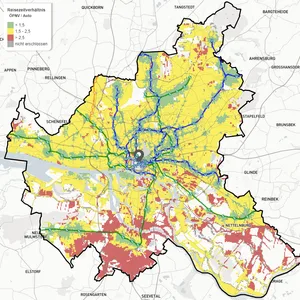 Die Karte vom MIB zeigt, wie der Reise-Zeit-Index in Hamburg liegt mit dem Jungfernstieg als Startpunkt.
