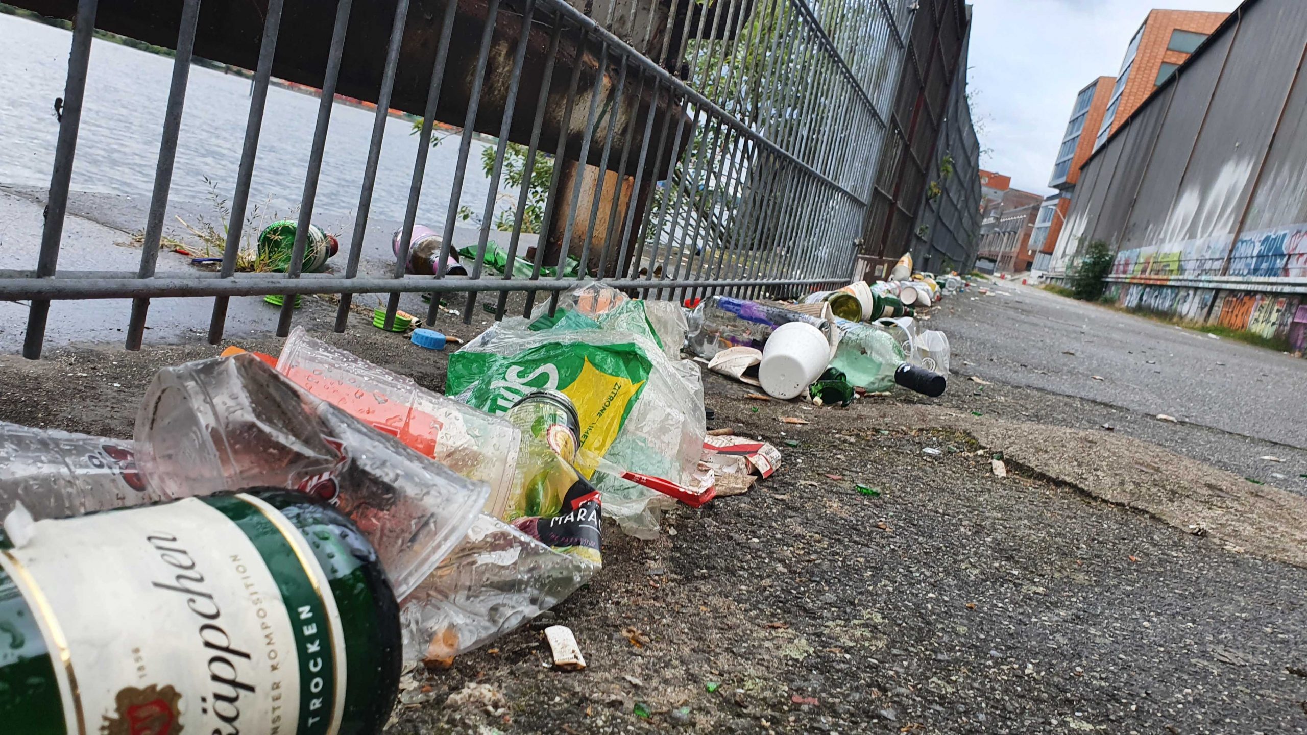 Müll liegt am Ufer der Elbe in Övelgönne.