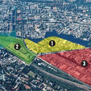 Luftbild von Hamburg, eingezeichnet sind sechs Baugebiete