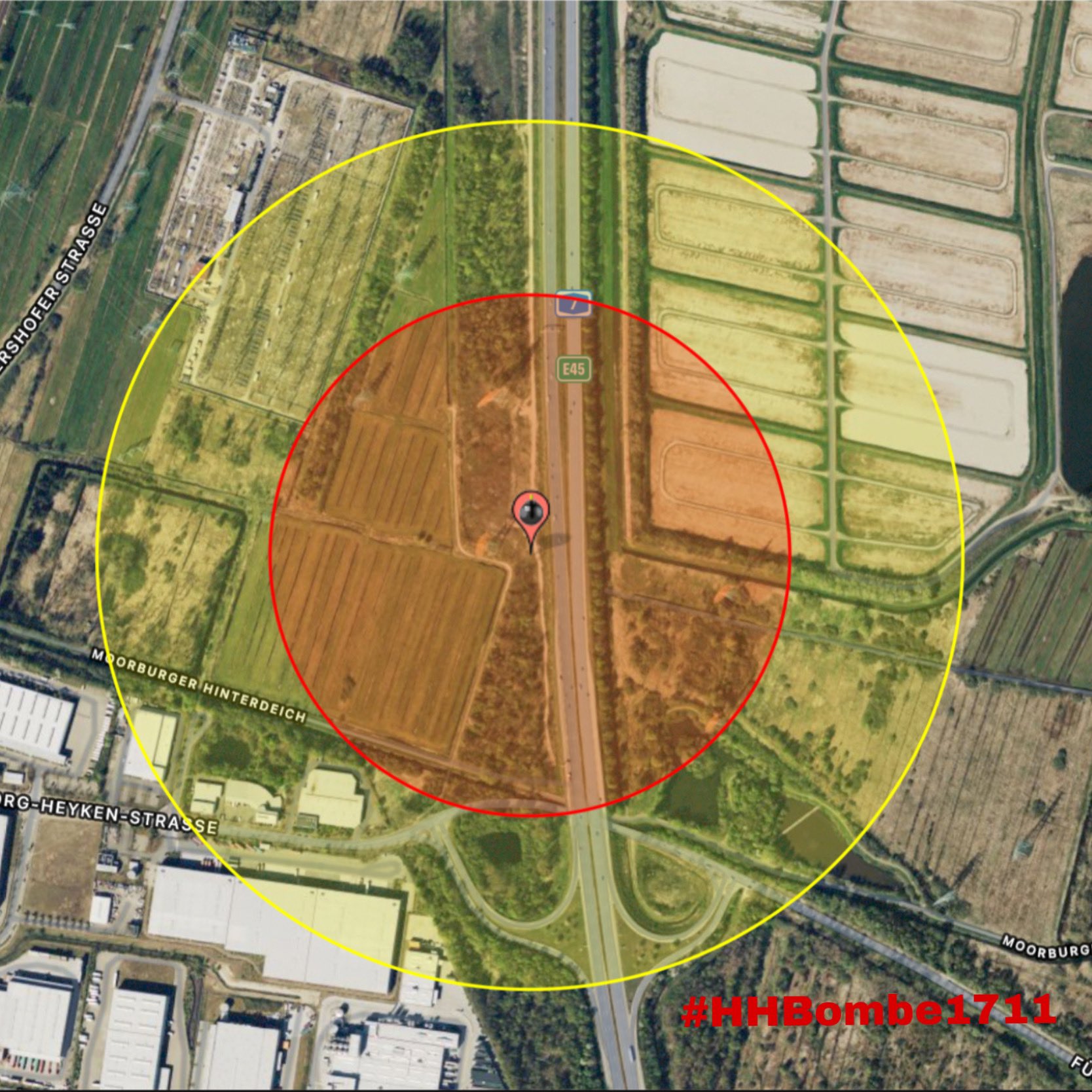 Ein roter und ein gelber Kreis auf einer Satellitenkarte rund um die A7