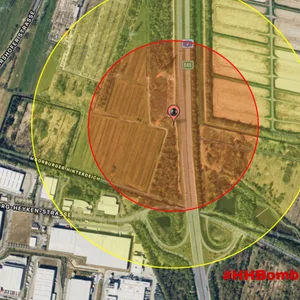 Ein roter und ein gelber Kreis auf einer Satellitenkarte rund um die A7