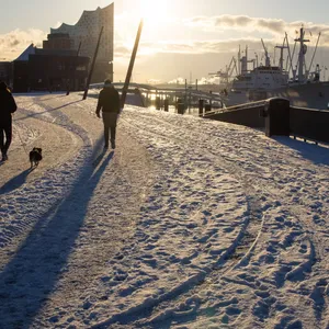 Passanten mit Hund sind auf der verschneiten Elbpromenade bei strahlendem Sonnenschein an den Landungsbrücken im Hafen unterwegs. Im Hintergrund ist die markante Silhouette der Elbphilharmonie in der Hafencity zu sehen.