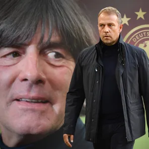 Bundestrainer Hansi Flick (r.) und sein Vorgänger Joachim Löw.