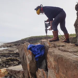 Das von der Uni Cambridge herausgegebene Foto zeigt einen Arbeiter an der Fundstelle des Fossils am Strand in Northmberland.