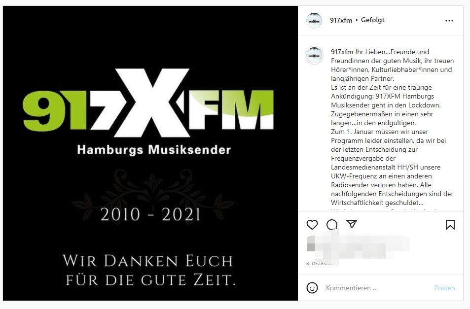 Nach elf Jahren ist zum Jahreswechsel Schluss für den Hamburger Radiosender 917XFM.
