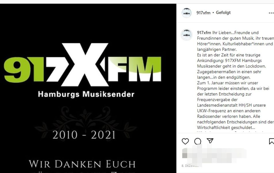 Nach elf Jahren ist zum Jahreswechsel Schluss für den Hamburger Radiosender 917XFM.