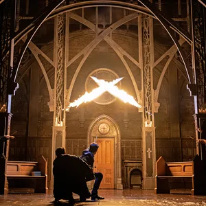 Die Zauberer richten in einer Kirche ihre Zauberstäbe auf etwas