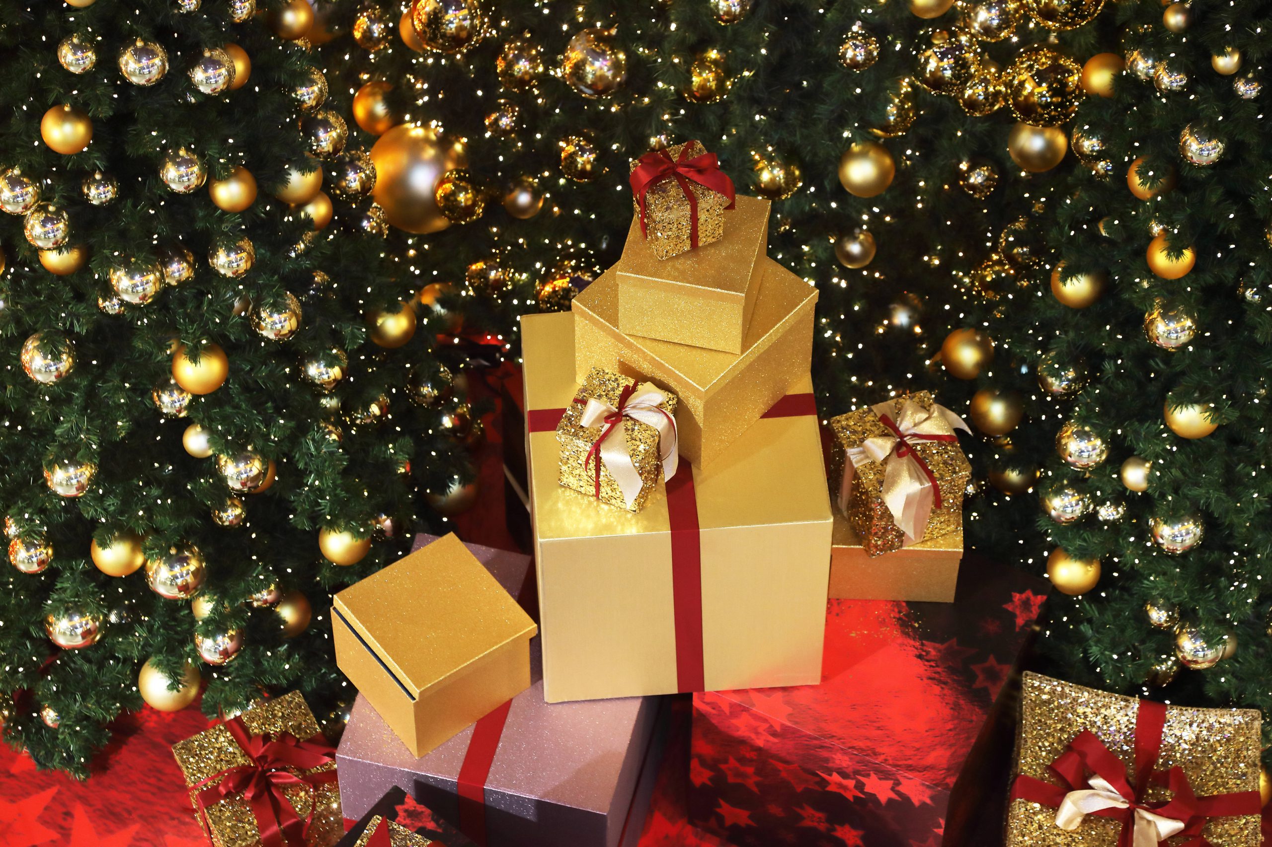 Weihnachtspäckchen vor einem Weihnachtsbaum dekoriert
