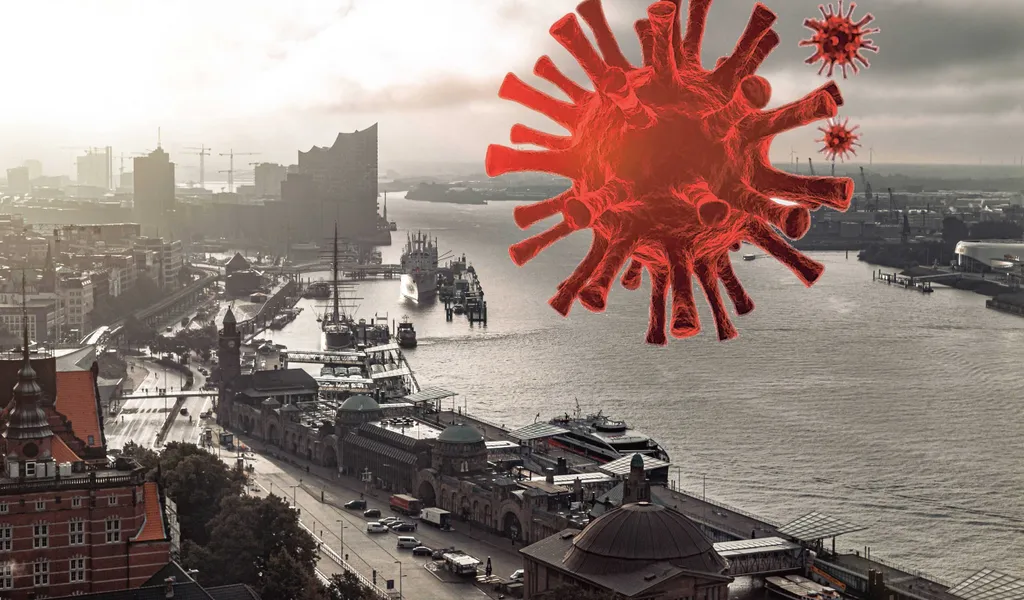 Blick auf die Elbphilharmonie Hamburg, daneben montiert eine Coronavirus-Illustration