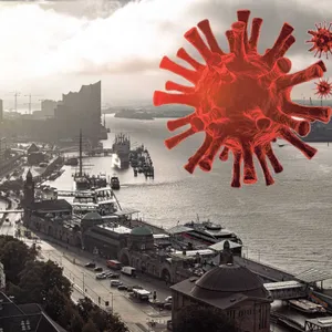 Blick auf die Elbphilharmonie Hamburg, daneben montiert eine Coronavirus-Illustration