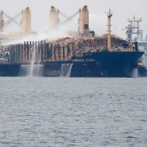 Das mit Holz beladene Frachtschiff „Almirante Storni“ wird in den Hafen von Göteborg geschleppt.