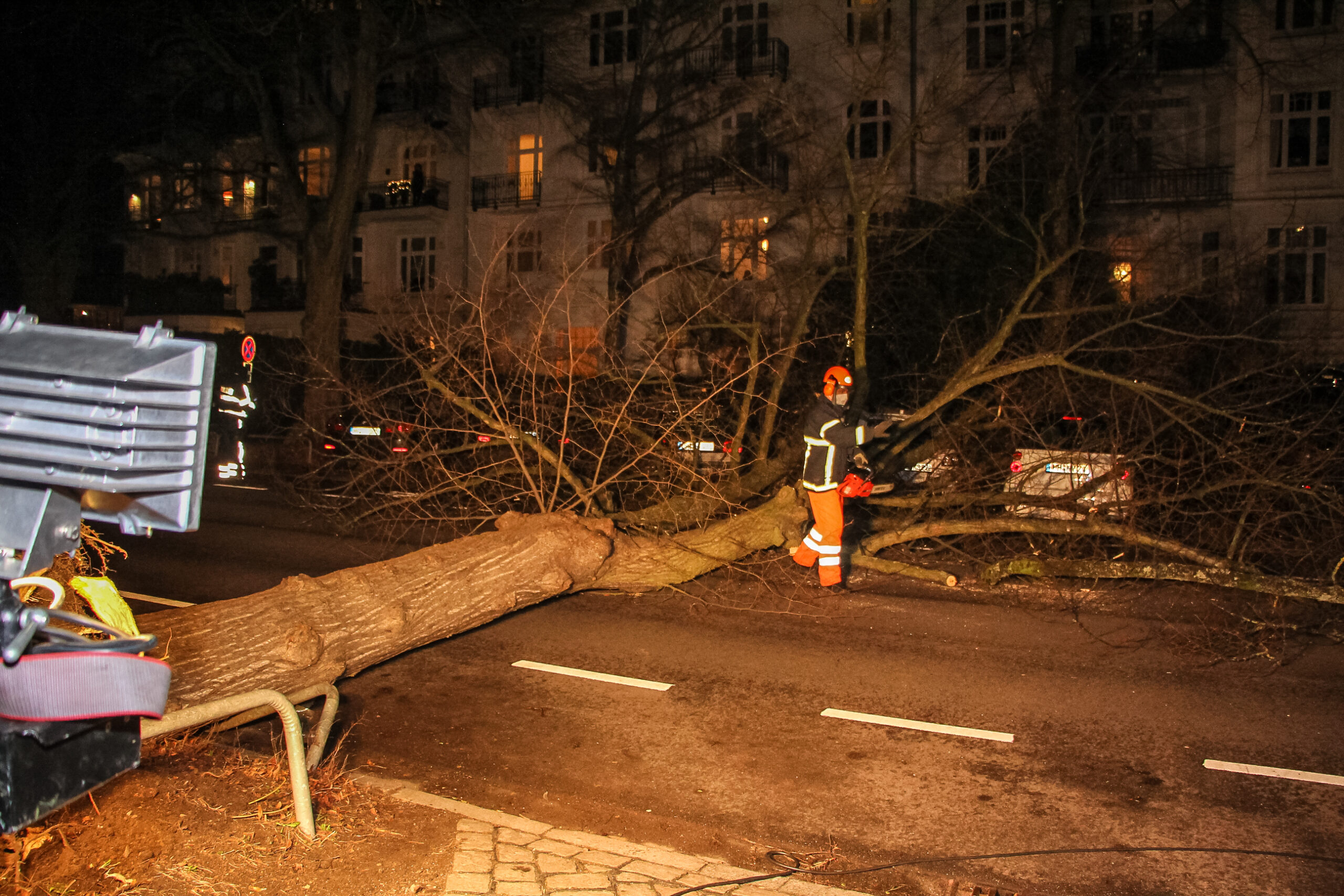 Ein entwurzelter Baum liegt quer auf einer Straße.