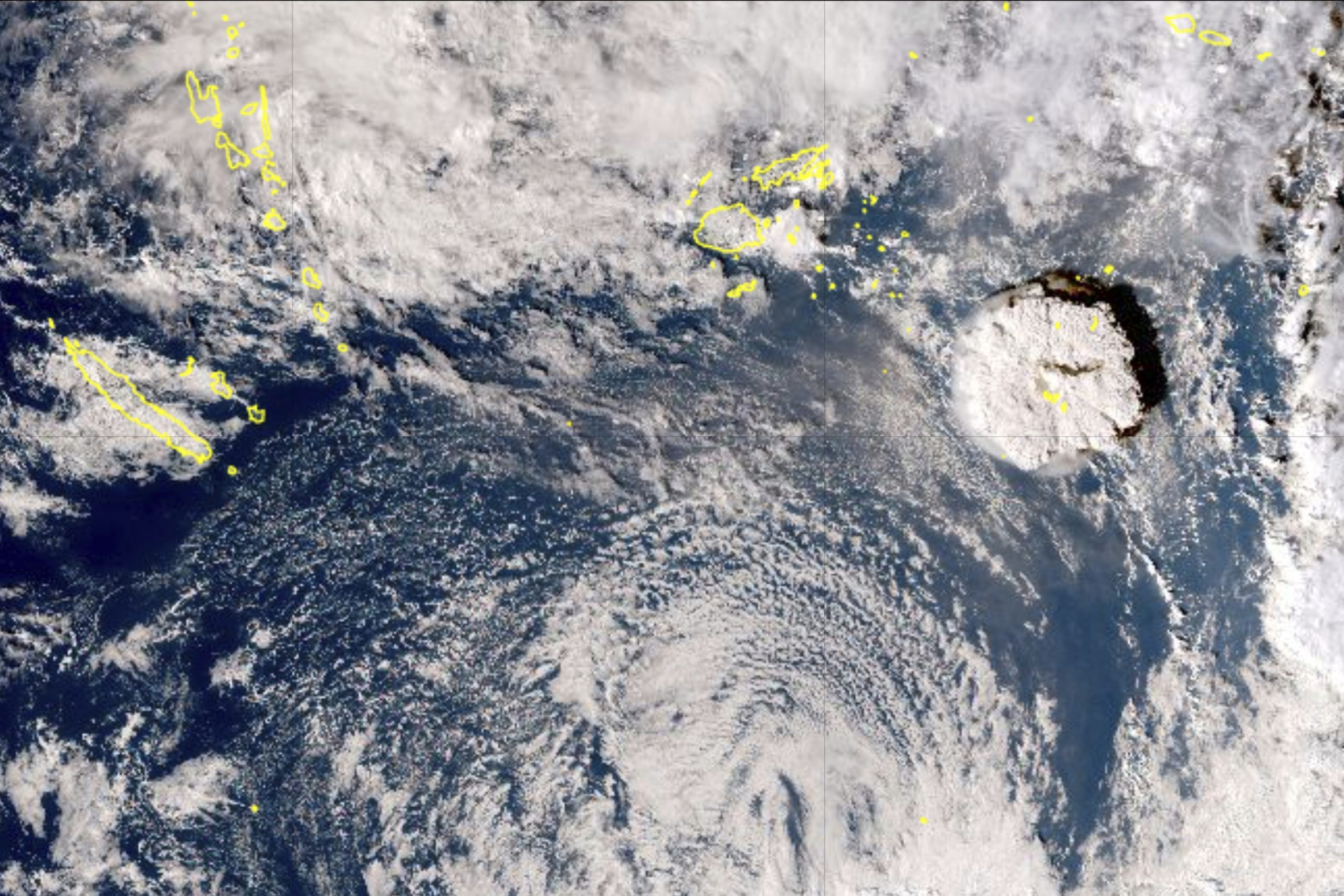 Auf diesem Bild eines japanischen Wettersatelliten sieht man den Vulkanausbruch nahe Tonga.