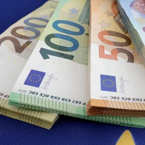 Symbolfoto: Euroscheine verschiedener Stückelungen liegen auf einer Europafahne.