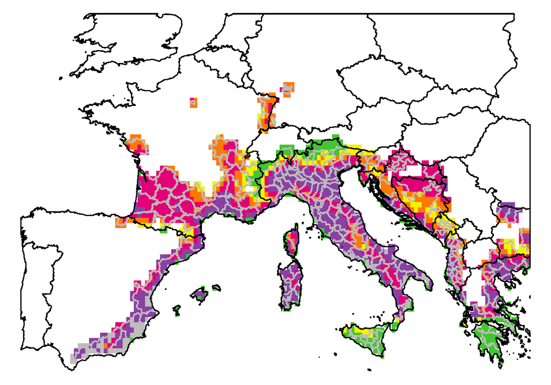 Risikokarte für die Ausbreitung des Chikungunya-Virus in Europa.