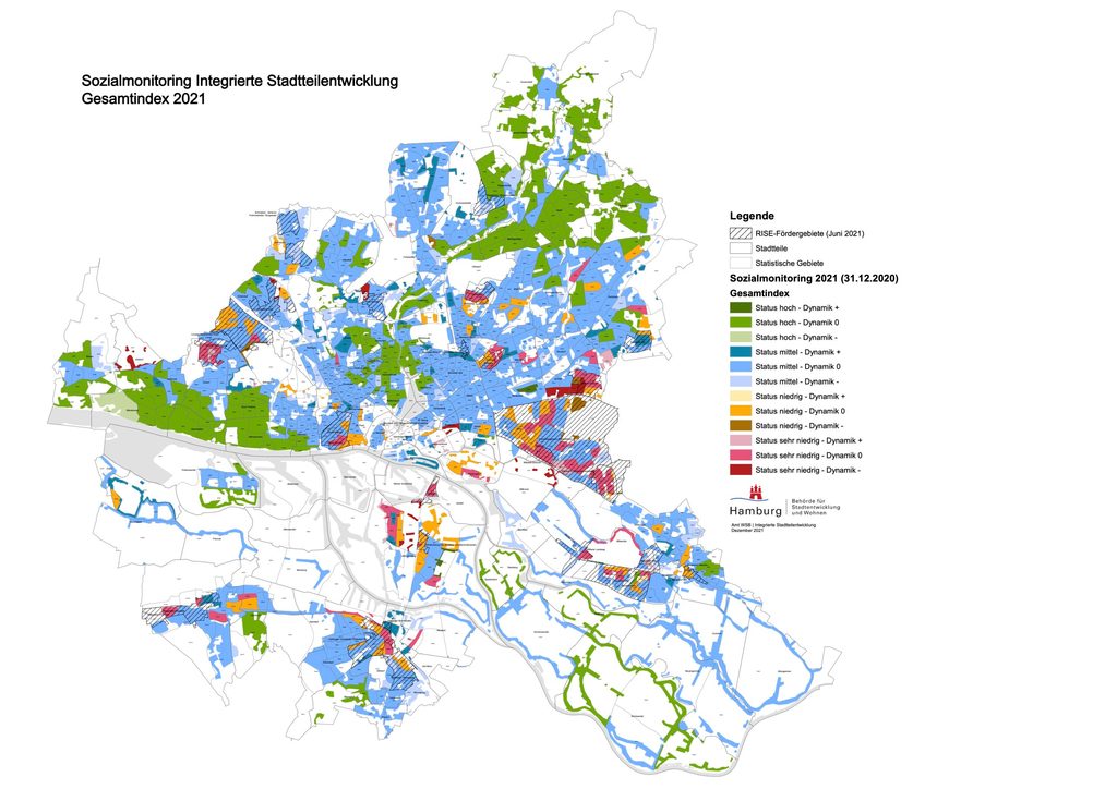 Armes Hamburg, reiches Hamburg: Im aktuellen Sozialmonitoringsbericht der Behörde für Stadtentwicklung und Wohnen werden die Gebiete der Stadt von hohem (grün) bis niedrigem (rot) Status unterteilt.