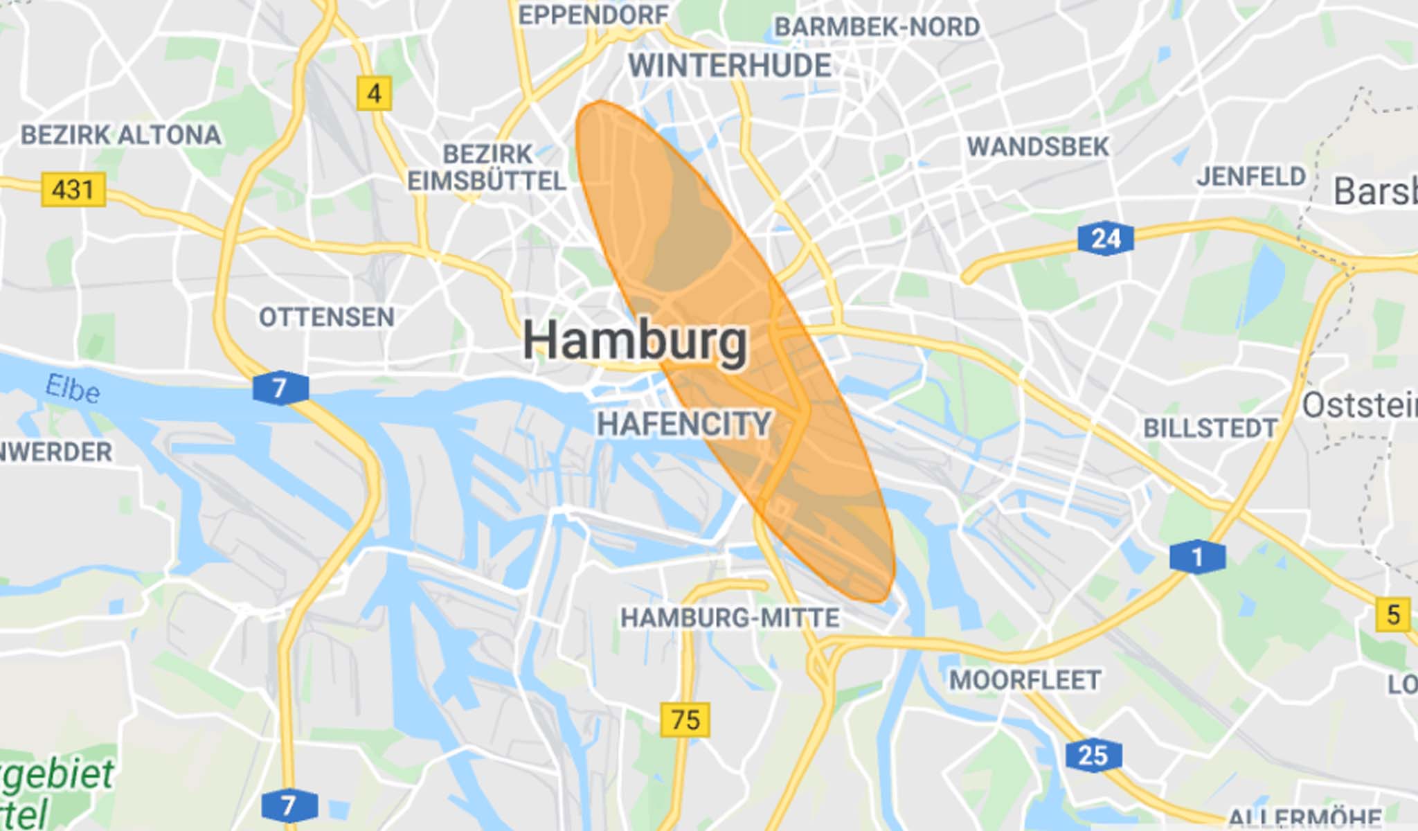 Über der Karte Hamburgs ist eine große orange Ellipse gezogen