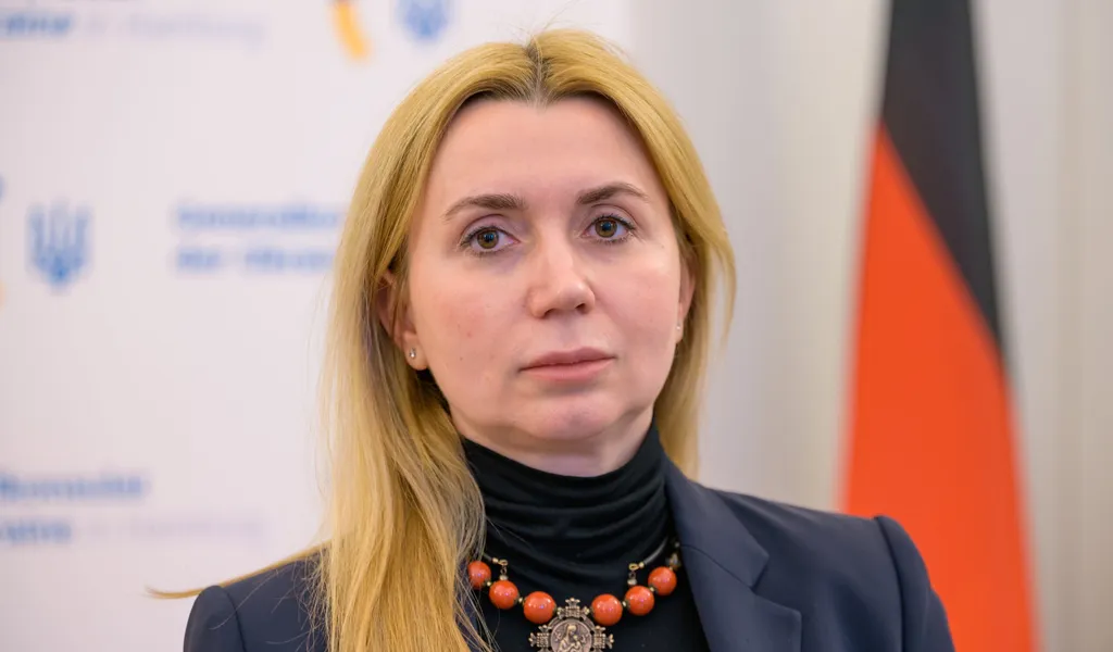 Die ukrainische Generalkonsulin in Hamburg, Iryna Tybinka, steht im ukrainischen Generalkonsulat.