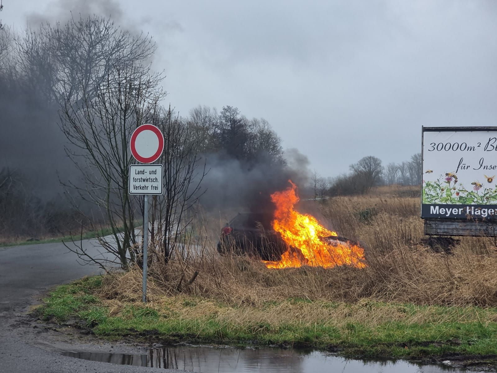 An einem Feldweg steht ein Kleinwagen in Flammen