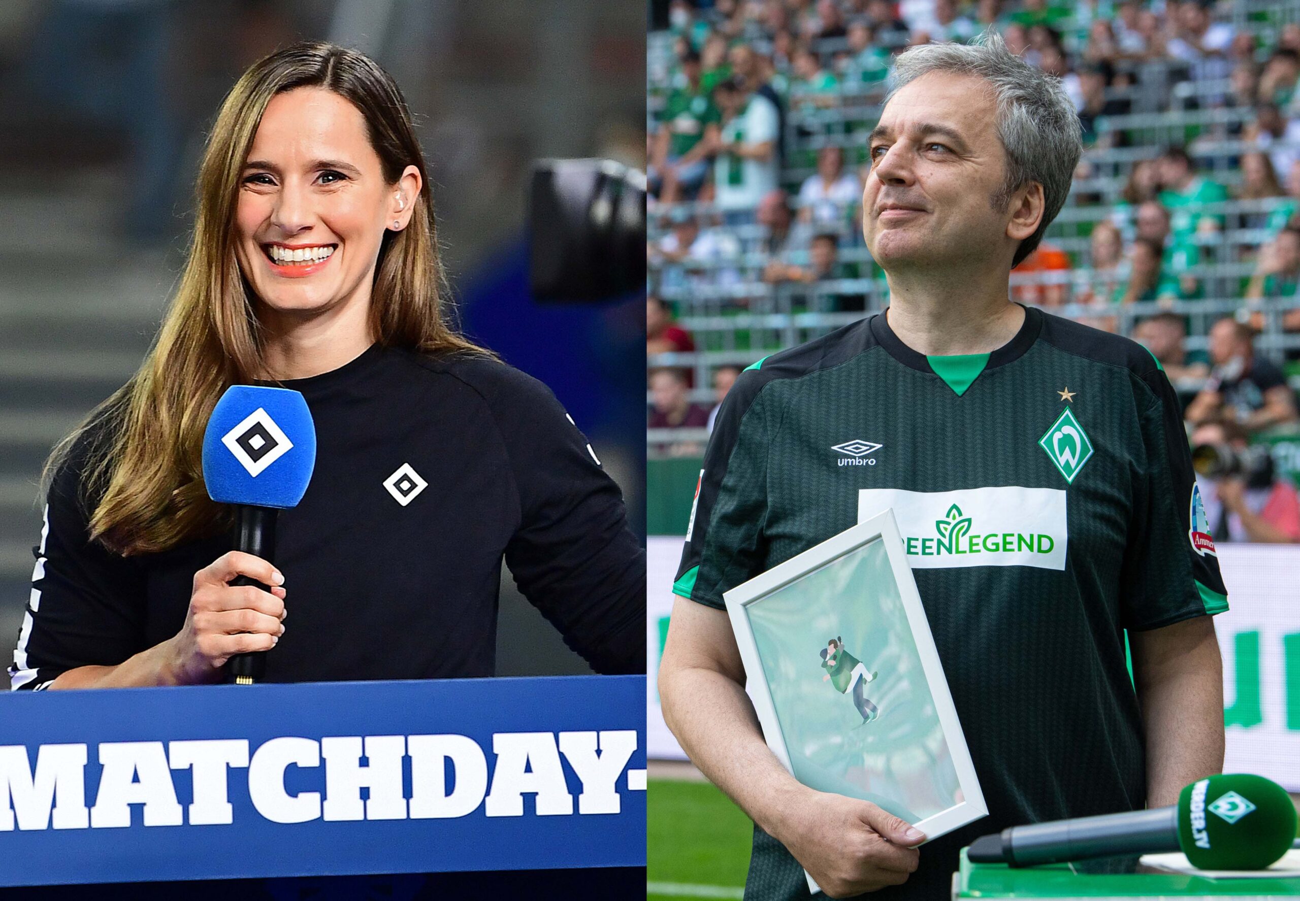 Stadionsprecher Christina Rann (HSV) und Arnd Zeigler (Werder Bremen)