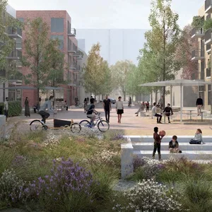 Die Visualisierung zeigt, wie der neue Eingang zum Quartier an der Schönenfelder Wettern aussehen könnte.
