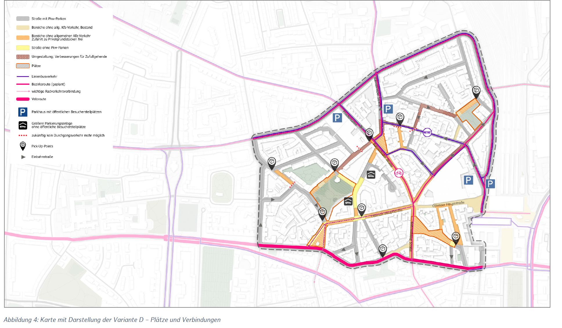 Variante 4: Hier werden öffentliche Plätze und die Straßen, die sie verbinden, für die Bürger neu erschlossen.