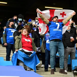 Mit Trikots und Fahne: Fans aus Georgien feiern auf der Tribüne im Volksparkstadion.