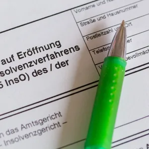 Symbolbild: Ein Kugelschreiber liegt auf einem Antrag zur Eröffnung eines Insolvenzverfahrens.