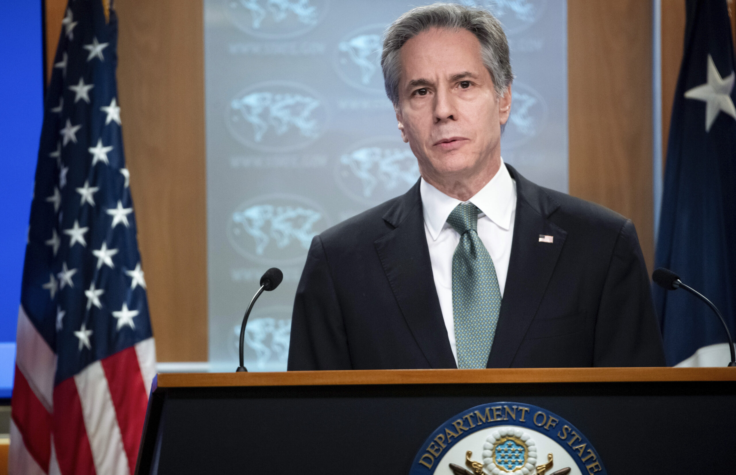 Antony Blinken, Außenminister der USA, während einer Pressekonferenz im Außenministerium