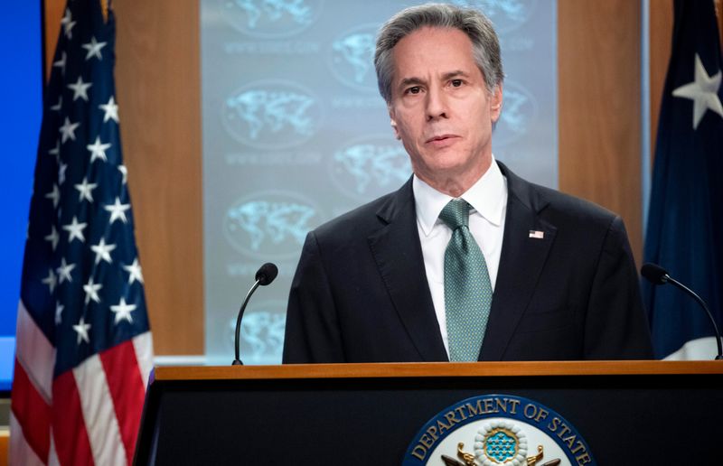 Antony Blinken, Außenminister der USA, während einer Pressekonferenz im Außenministerium