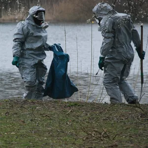 Feuerwehrleute in Schutzanzügen sammeln das unbekannte Pulver am Mühlenteich in Glinde bei Hamburg auf.
