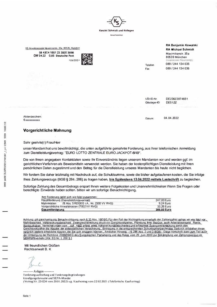 Mahnschreiben einer angeblichen Kanzlei, um Lottospieler zu betrügen.
