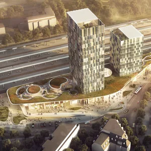 Die undatierte Visualisierung des Architektenbüros C.F. Møller zeigt den geplanten Fernbahnhof Altona am Diebsteich in Hamburg.