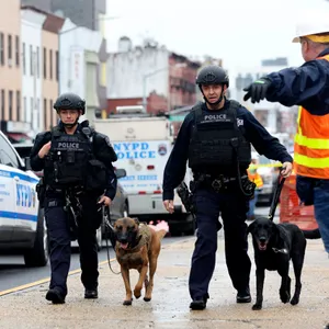 Polizisten gehen mit Bombenspürhunden in der Nähe des Tatorts an der New Yorker U-Bahn die Straße entlang.